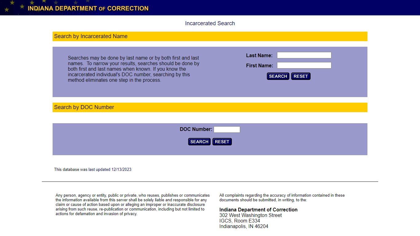 Indiana Incarcerated Database Search - IN.gov